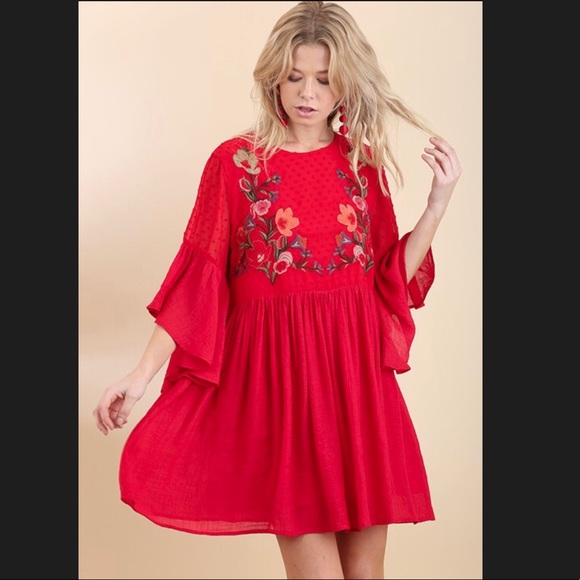 Red Floral Embroidered Babydoll Dress 